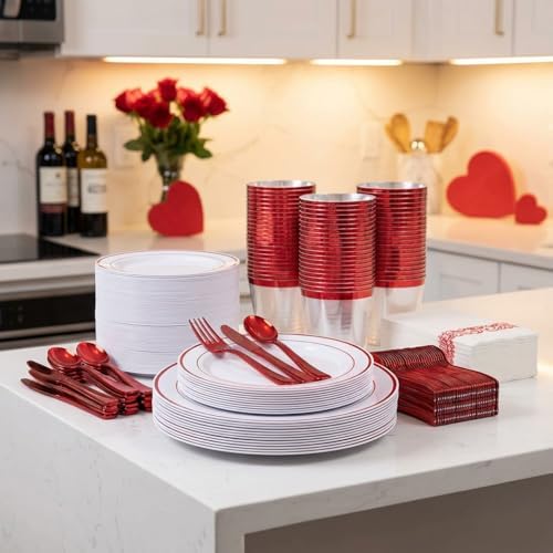 WELLIFE 700 Pcs Red Plastic Plates for 100 Guests - Plastic Dinnerware Set,Party Supplies Includes 200 Red Disposable Plates,300 Silverware,100 Napkins,100 Cups,Valentines Plates - Image 6