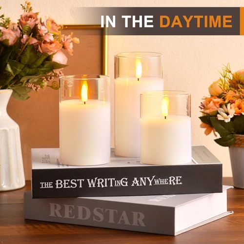 Tyawon Glass Battery Operated LED Flameless Candles with Remote and Timer, Real Wax Candles Warm Color Flickering Light for Festival Wedding Home Party Decor(Pack of 3)-White - Image 2