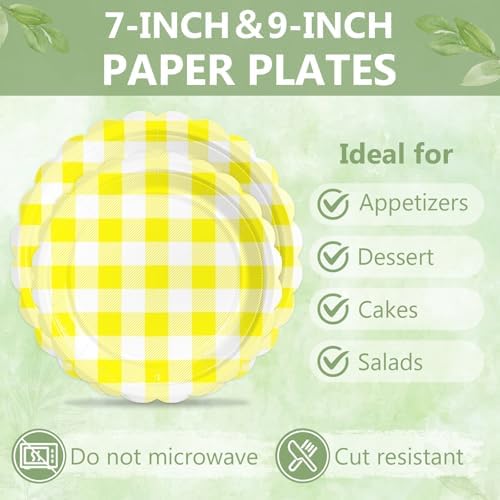 100 Pcs Yellow Gingham Paper Plates and Napkins Disposable Set for Party - Image 6