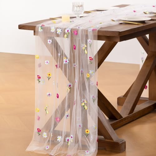 Flower Table Runner Fall Daisy Floral Tulle Cheesecloth Wedding Decor - Image 4