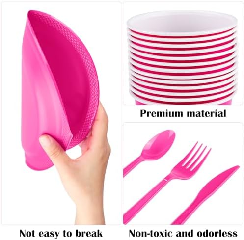Aodaer 200 Pieces Hot Pink Party Supplies Disposable Dinnerware Set Include Plastic Plates Cups Knives Forks Spoons Paper Napkins for Birthday Wedding Graduation Parties, Serve 25 Guests - Image 3