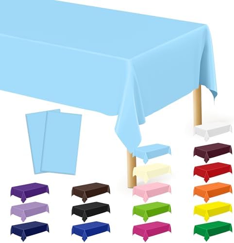 QZYL 2 Pack Picnic Table Cover, 108 x 54 Inches Sky Blue Plastic Tablecloth, Tear Resistant Rectangle Disposable Tablecloth Party Tablecover, Waterproof Rectangle Table Decorations Party Supplies by QZYL