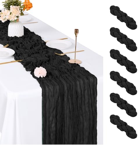 6 Pack Black Cheesecloth Table Runner, 17 x 108 inch, Semi Sheer Boho Cheese Cloth Fabric Table Runner Bulk for Wedding , Birthday, Party, Holiday, Home Decor (Black) by ACSUIT