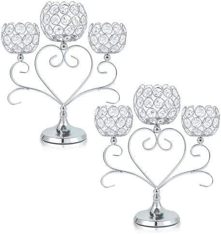 2 Pcs 3-Arm Heart Tea Light Candle Holder - Crystal & Metal Wedding Centerpiece Decor, Sparkling Table Decor for Anniversaries/Romantic Tabletop Home/Dinner Party/Events (2, Silver) by kehail
