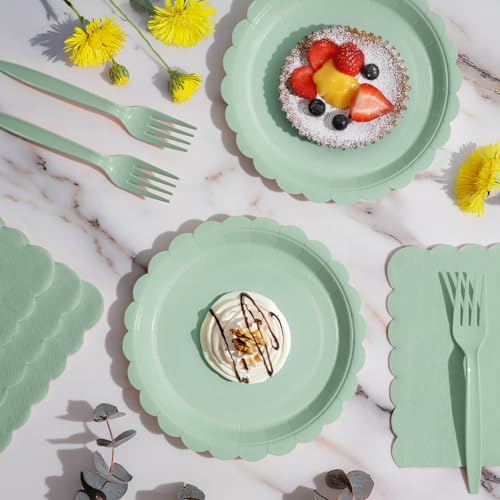 105PCS Sage Green Paper Plates & Napkins Set,7inch Scallope,with Forks - Image 5