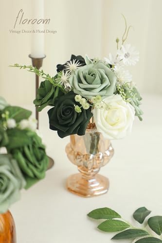 Floroom Artificial Flowers 25pcs Real Looking Forest Green Ombre Colors Foam Fake Roses with Stems for DIY Wedding Bouquets Bridal Shower Centerpieces Sage Green Floral Arrangements Decorations - Image 2