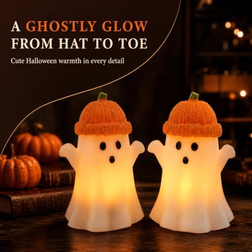 Enido Ghost with Pumpkin Hat Flameless Candles with Remote, Set of 2 Cute Real Wax LED Halloween Candles, Battery Operated Tea Lights, 2/4/6/8H Timer for Kids Room, Fall Tiered Tray Decor - Image 4