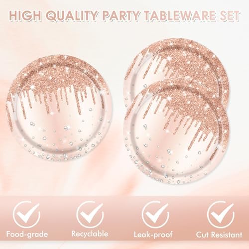 40PCS Rose Gold Happy Birthday Party Decorations , Rose Gold Diamond Theme Party Supplies Happy Birthday Tableware Includes Plates and Napkins for Women Girls‘13th 16th 18th 21st 30th - Image 4