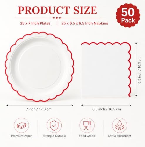 50 Pcs Red and White Paper Plates and Napkins, 7 Inch Disposable Scalloped Plates & Napkins Party Supplies Cake Dessert Plate Tableware for Baby Shower Bridal Shower Wedding Birthday - Image 2