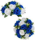 BLOSMON Royal Blue White Flowers: 2 Pcs Fake Roses Flower Balls Centerpiece for Wedding Table - Artificial Silk Kissing Bouquet Floral Arrangement for Home Party Event Decor by Blosmon