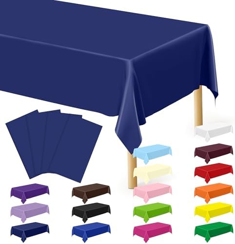 4 PCS Navy Plastic Tablecloths for Rectangle and Round Tables, 54" x 108" Stain Resistant Disposable Tablecloth for Picnic, Weddings, Baptism Decorations, Picnic Table Cover for Parties, Birthday​ by QZYL