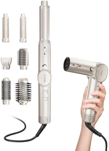 6 in 1 Air Hair Styler Blow Dryer Brush Set - High Speed Negative Ions Hair Dryer 110,000 RPM with Auto Wrap Curlers - No Heat Damage for Curling, Volumizing, Straightening - Champagne Gold by HotAirStyler