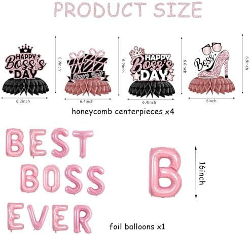 Boss Day Party Decorations,Include Banner,Hanging Swirls Foil Balloon and Honeycomb Centerpieces for Rose&Gold Best Boss Ever Party Office Decorations Supplise. - Image 3