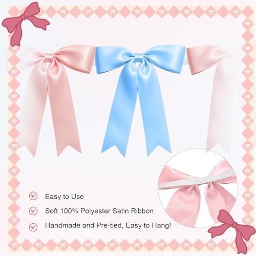 2 Strings of 16PCS Baby Pink&Baby Blue Bow Garlands Banner Decoration,Pre-Strung Satin Ribbon Ornaments for Gender Reveal Party,Baby Shower,Birthday,Bridal Shower,Graduation Decor,Anniversary,Wedding - Image 3