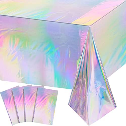 FunnyPars 4 Pack Iridescent Plastic Tablecloths, Disposable Table Covers by EnjoyYourFunnyParties