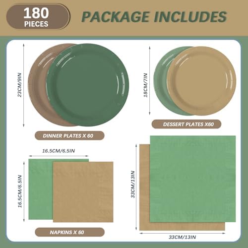 180Pcs Green and Brown Party Supplies Paper Plates and Napkins Serve 60 - Image 2