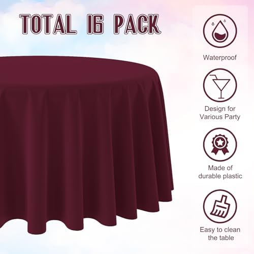 16 Pack Maroon Plastic Tablecloth for Round Tables, Premium Decorative Burgundy Disposable Table Cloths for Parties, Maroon Round Party Table Cover for Birthday Anniversary Graduation, 84 Inch - Image 3