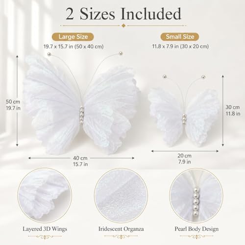 8 Pcs Large Butterfly Decorations, 3D White Silk Butterflies Wall Decor, 20 Inch Big and 12 Inch Small Hanging Butterflies for Wedding, Baby Shower, Birthday Party, Nursery and Centerpieces - Image 2
