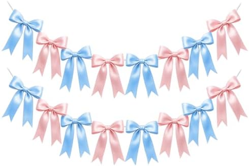 2 Strings of 16PCS Baby Pink&Baby Blue Bow Garlands Banner Decoration,Pre-Strung Satin Ribbon Ornaments for Gender Reveal Party,Baby Shower,Birthday,Bridal Shower,Graduation Decor,Anniversary,Wedding by Unknown