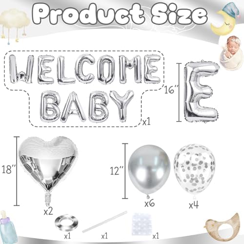 Metallic Silver Baby Shower Decorations Balloons, WELCOME BABY Letter Foil Balloons Banner Backdrop with Chrome Silver Confetti Latex & Heart Balloon for Newborn Infant Babyboy Babygirl Party Decor - Image 2