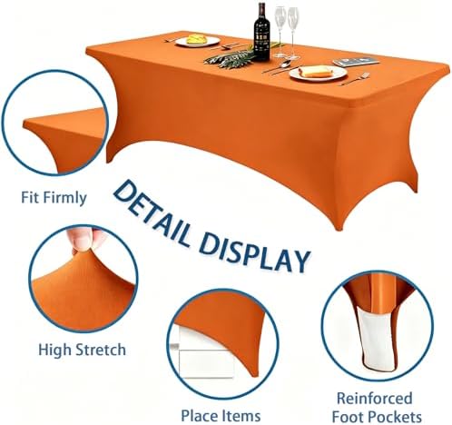 6FT Orange Table Cloth - 2 Pack Fitted Stretch Rectangle Spandex Tablecloth, Washable Table Cover for Party, Picnic, Wedding, Banquet, Birthday and Festival(30" x 72") - Image 5