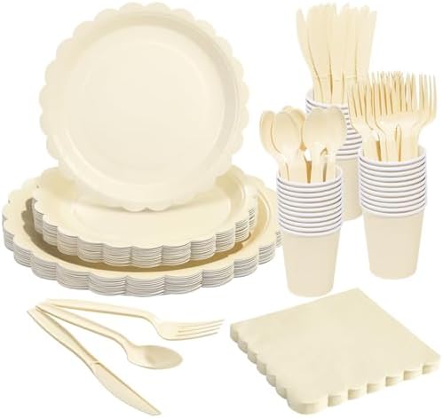 Goodluck 175 PCS Ivory Paper Plates Set, 25 Guest Cream Party Supplies by GoodLuck