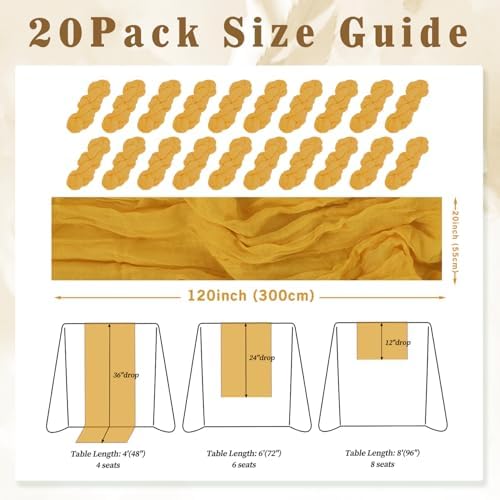 20 Pack Mustard 10FT Cheesecloth Table Runner Rustic Gauze Fabric Cheese Cloth Table Runner for Wedding Bridal Baby Shower Table Decor Boho Sheer Birthday Party Table Decorations 20 x 120 Inch Long - Image 2