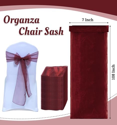 MDS Pack of 300 Organza Chair Sashes for Wedding & Event Décor – Burgundy - Image 3
