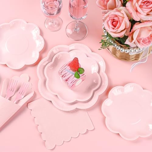 96 Pcs Pink Paper Plates and Napkins Set Pink Party supplies for 24 Guest Including Scalloped Disposable Dessert Paper Plates Napkins Plastic Forks for Baby Shower Mother's Day Wedding Easter - Image 2