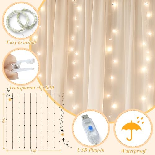 Ledido 10×8ft Beige Tulle Backdrop Curtains with Lights(8 Panels 5×8ft) - Image 3