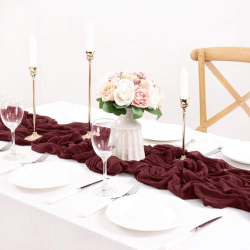 Burgundy Cheesecloth Table Runner Fall Boho Dinning Runner for Christmas - Image 4
