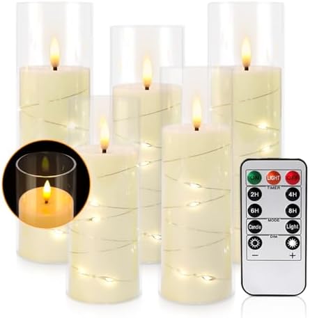 Pack of 5 (D2.2 X H 5" 6" 7") Ivory Flickering Flameless Candles Battery Operated with Remote, LED Pillar Candles with Realistic Moving Wick for Halloween, Christmas, Home Decor. by CAKETYCG