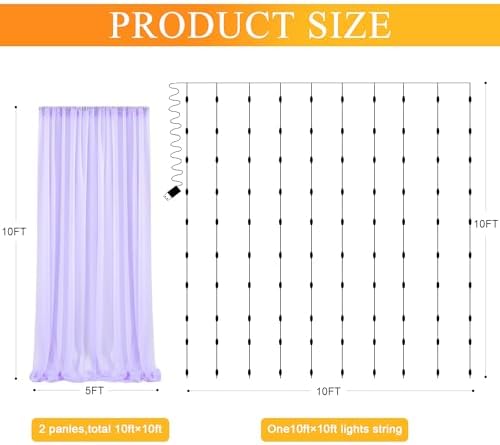 Tulle Backdrop Curtains with Lights Lavender 10x10ft Sheer Curtain Backdrop - Image 2