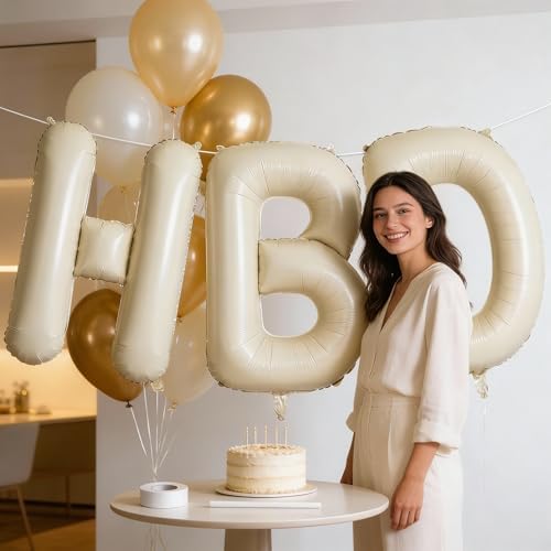 40 Inch Cream HBD Balloons for Boho Birthday Party Decorations, Giant Beige HBD Letter Foil Mylar Balloon Banner Helium Supported, Ivory White Sand Neutral Happy Birthday Sign for Girls Women Boys Men - Image 4