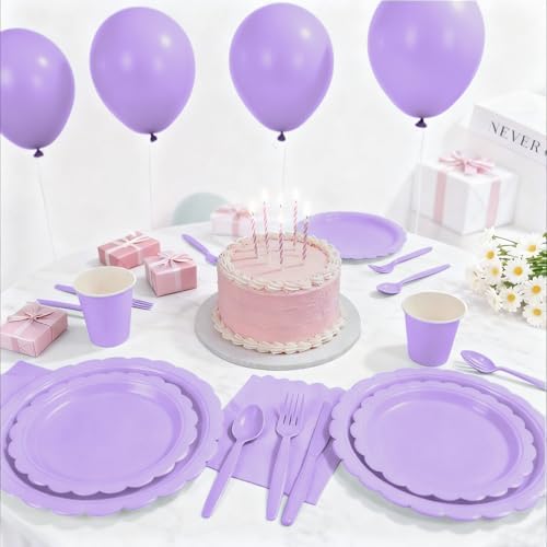 176 PCS Purple Party Decorations - Light Purple Scalloped Plates, Napkins, Cups, Cutlery, Tablecloth for Baby Shower, Wedding, Lavender Birthday Decorations, Serves 25 - Image 3