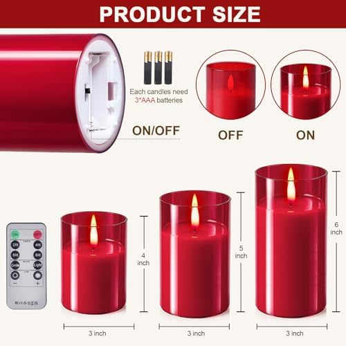 Tyawon Glass Battery Operated LED Flameless Candles with Remote and Timer, Real Wax Candles Warm Color Flickering Light for Festival Wedding Home Party Decor(Pack of 3)-Red - Image 7