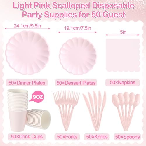 Newtay 350 Pcs Light Pink Scalloped Paper Plates and Napkins Party Supplies - Image 2