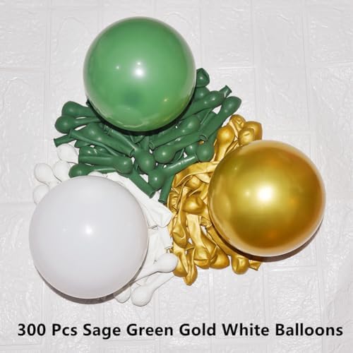 300 Pack Sage Green Gold and White Balloons 5 Inch Latex Green White Metallic Gold Bulk Small Balloon Arch Garland Kit for Birthday Wedding Bridal Baby Shower Supplies Graduation Party Decorations - Image 2