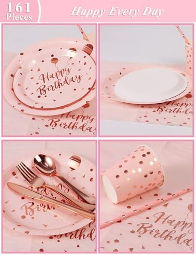 Nkaiso 161 Pcs Pink and Rosegold Birthday Plates and Napkins Set -20 Serves - Image 2