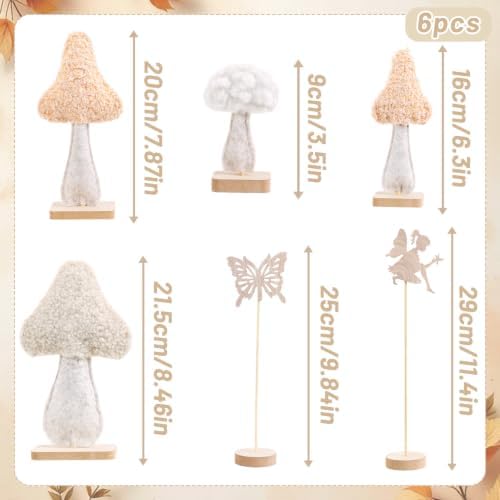 Fairy Garden Mushroom Decorations, 6Pcs Enchanted Forest Felt Wood Toppers - Image 2