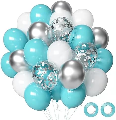 Teal Blue Silver Balloons, 50Pcs 12Inch Teal and Silver Balloons Turquoise Blue White Silver Confetti Latex Balloons for Birthday Baby Shower Party Decorations by Aiwolf