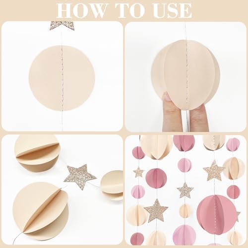 Champagne Gold Dusty Rose Pink Beige 3D Polka Dot Star Hanging Streamer Circle Dot Star Garland Banner for Birthday Bridal Shower Engagement Wedding Hen Party Decorations Supplies - Image 3