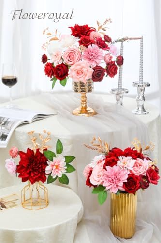 Floweroyal Artificial Flowers Combo Red Flowers Mix Silk Flowers Dahlia Roses with Stems for DIY Wedding Bridal Bouquets, Baby Shower, Floral Arrangement, Table Centerpieces, Home Decorations. - Image 4