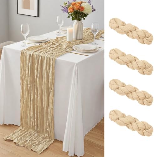 4 Pack Beige Cheesecloth Table Runner 10Ft, Gauze Table Runners 21.5 x 120 inch,Semi Sheer Cheese Cloth Fabric Runner Bulk for Wedding,Party,Baby Shower,Bridal Shower by Yemosa