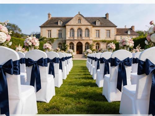Navy Blue Chair Sashes 50 Pack Universal Satin Ribbon Knots Navy Blue Chair Bows for Party Wedding Reception Ceremony Baby Shower Banquet Decor - Image 3