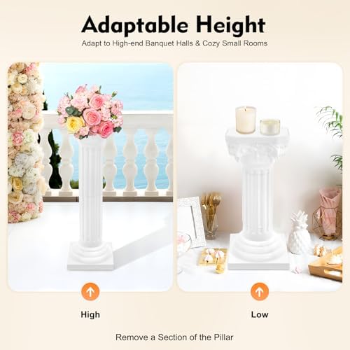 2PCS Wedding Roman Column 34.65" H Wedding Roman Column Pillars Set White Elegant Pillars Stand Event Decorative Column with Adjustable Height & Detachable Base for Weddings Parties Garden Decor - Image 3