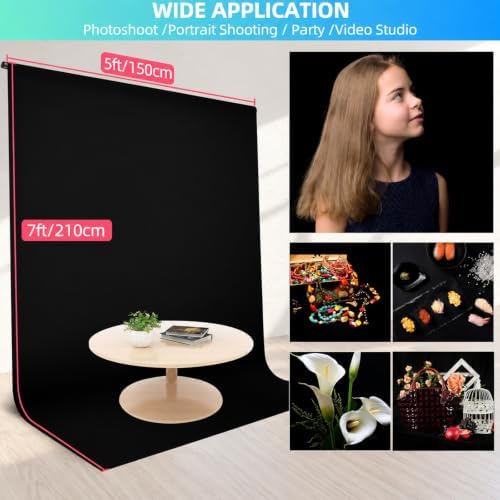 Black Backdrop Background with Stand for Photoshoot, 5x6.8ft Black Photo Backdrop Curtain Cloth with Background Support Stand, 5 Spring Clamps& Carrying Bag for Party Photography Video Studio - Image 2