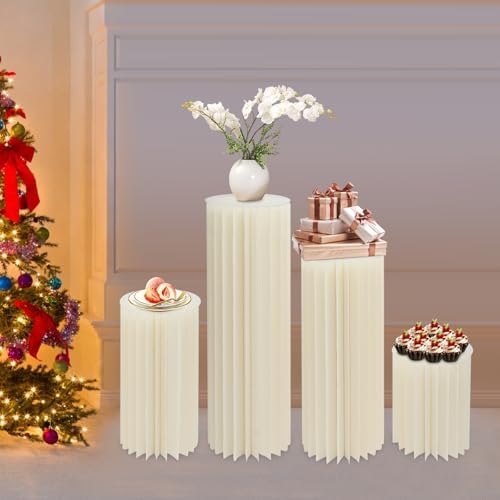 4 PCS Cylinder Stands for Party, Foldable Pedestal Stand for Parties Paper Pillars Cylinder Stands, Cake Stand White Cylinder Cardboard for Birthday Wedding Party Decoration - Image 2