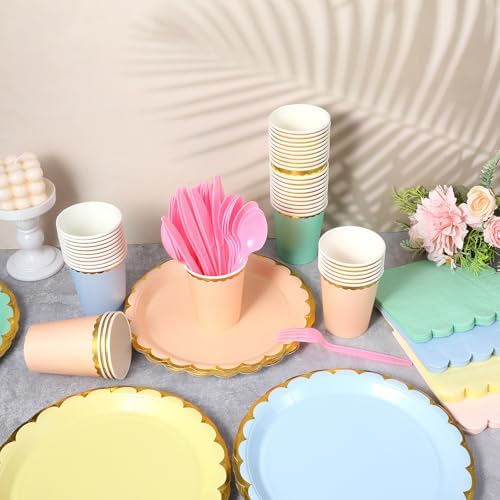 240 Pieces Pastel Party Supplies Disposable Dinnerware Set Include Plates and Cups Napkins Plastic Forks Knives Spoons Tablecloth for Wedding Birthday Party Decorations - Image 4