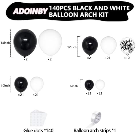 Black and White Balloon Arch Kit, ADOINBY 140Pcs Black and White Durable Latex Balloons 18 12 10 5 Inch Different Size Balloons for Birthday Anniversary Wedding Engagement Graduation Party Decorations - Image 2